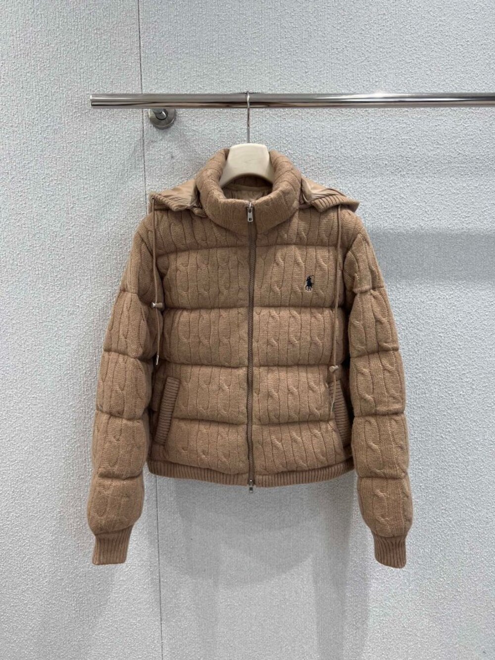 Ralph Lauren Cable-Knit Panel Hooded Cropped Down Jacket